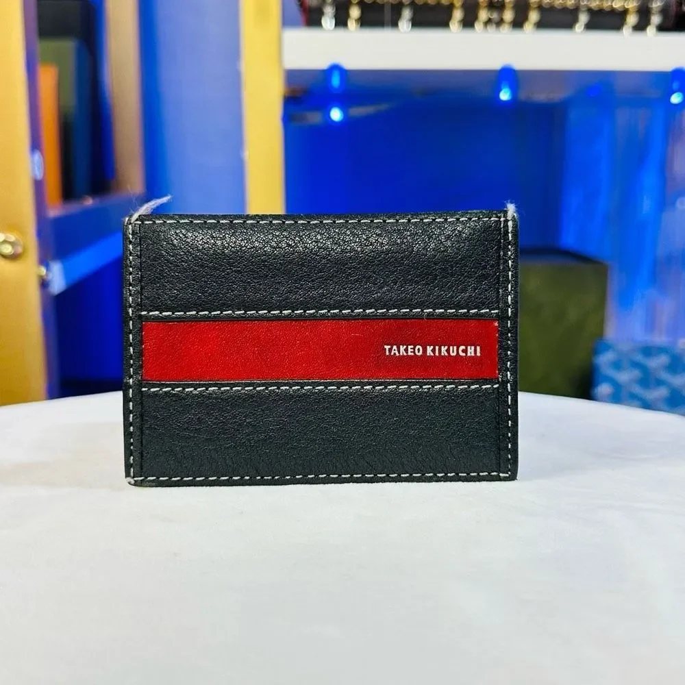 Takeo Kikuchi Black Red Strip Leather Men’s Compact Card Holder Case Wallet